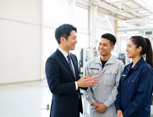 外国人材と企業担当者が職場で話している様子